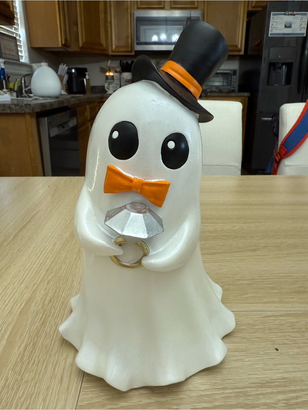 Charming White Ghost Figurine with Orange Bow Tie and Black Top Hat